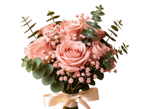 Blush Pink Rose Bouquet with Eucalyptus & Baby's Breath, Elegant Bridal Hand-Tied Floral Arrangement